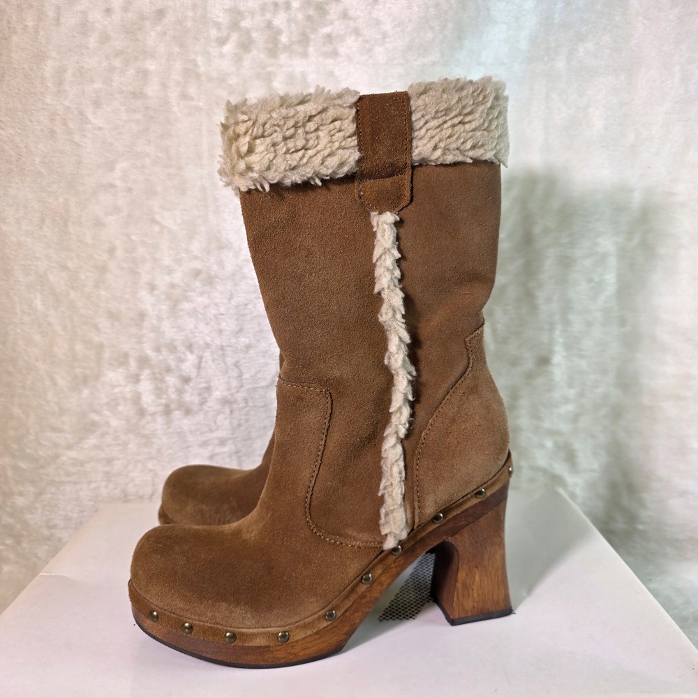 MIA Collette Clog Boots Mid Calf Tan Suede Wood Chunky Heel Women 8 Excellent